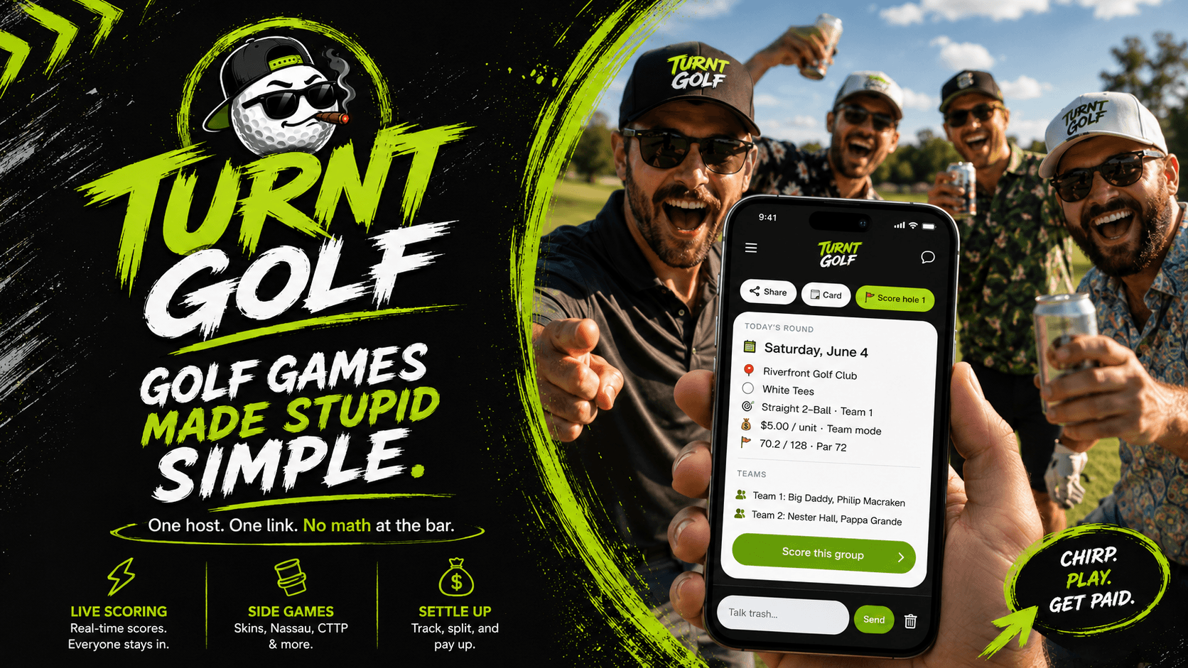 Turnt Golf — Golf games made stupid simple. One host. One link. No math at the bar.
