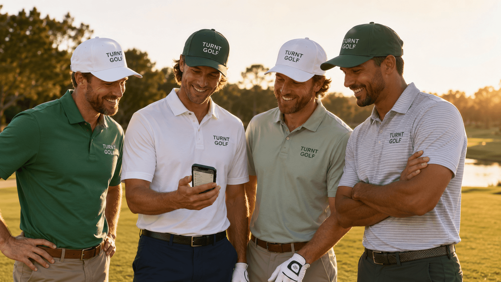 A group on the course checking their round on the Turnt Golf app